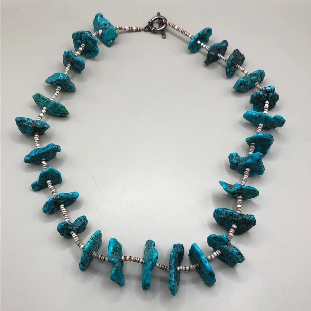 Vintage Southwestern Turquoise Nugget and Heishi Bead Necklace Sterling Silver